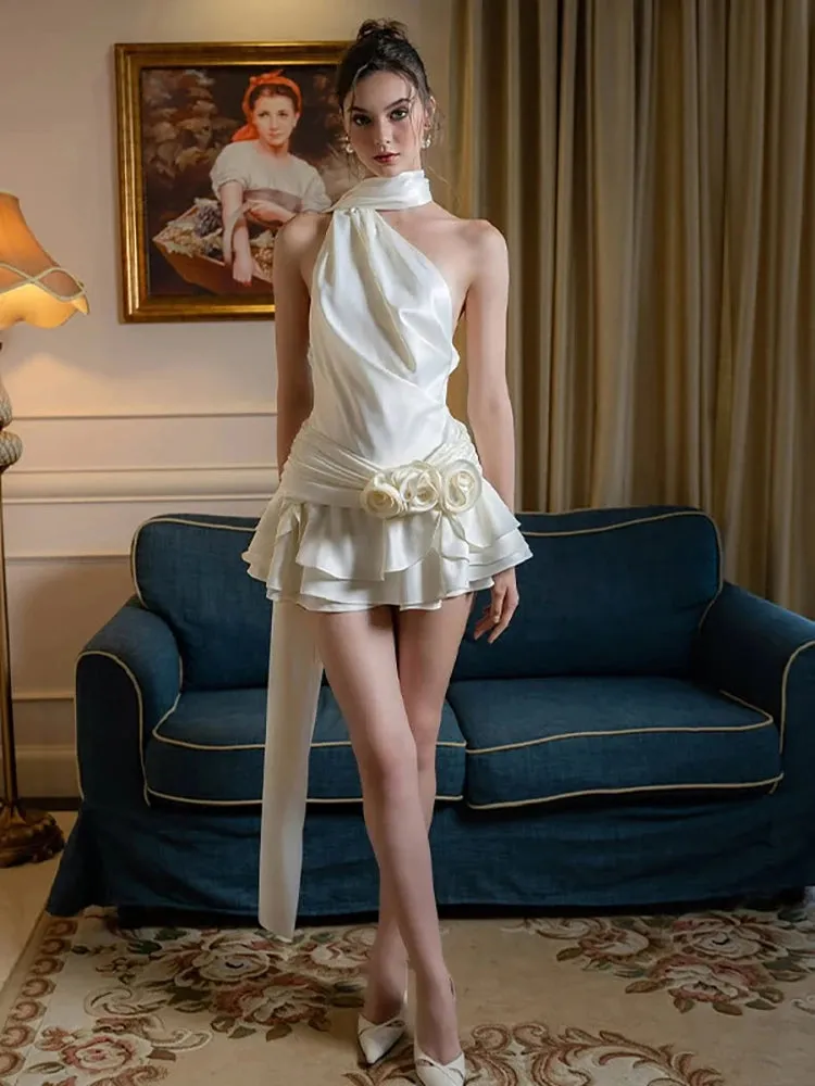 Sexy Backless Satin 3D Flowers White Halter Short Party Dress