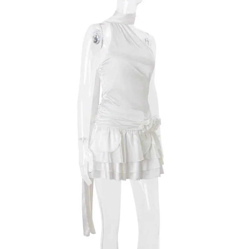 Sexy Backless Satin 3D Flowers White Halter Short Party Dress