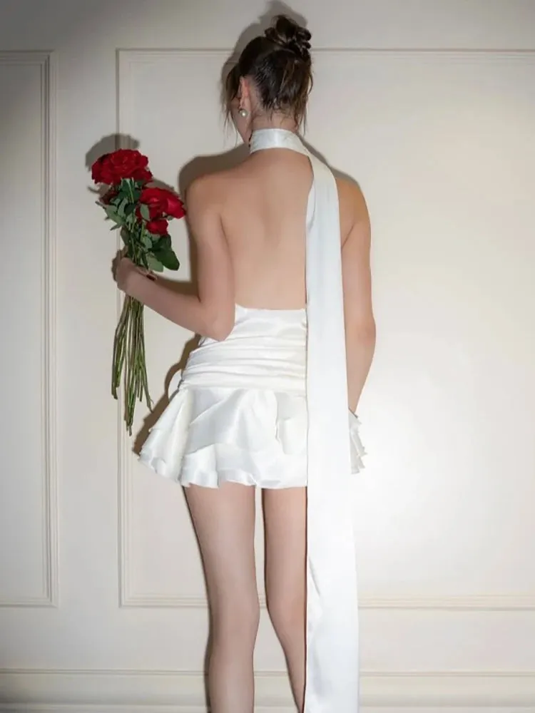Sexy Backless Satin 3D Flowers White Halter Short Party Dress