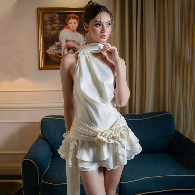 Sexy Backless Satin 3D Flowers White Halter Short Party Dress