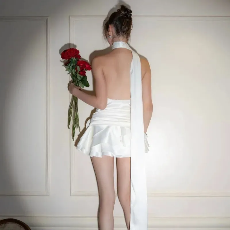 Sexy Backless Satin 3D Flowers White Halter Short Party Dress