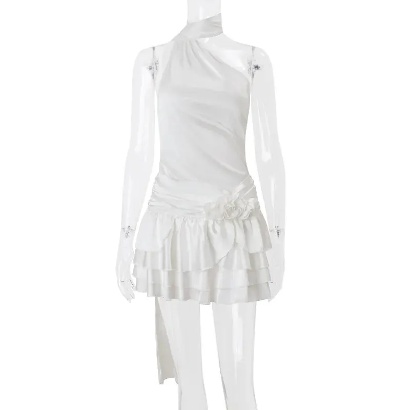 Sexy Backless Satin 3D Flowers White Halter Short Party Dress