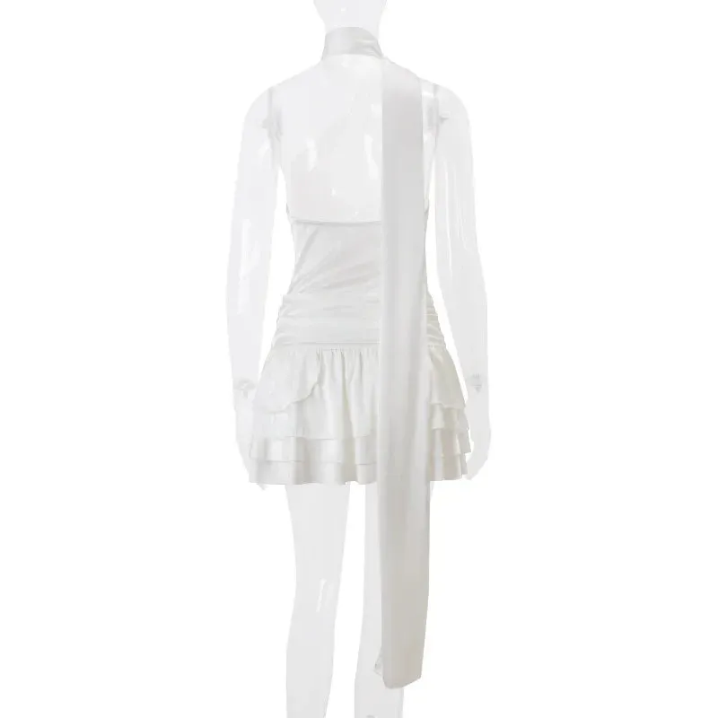 Sexy Backless Satin 3D Flowers White Halter Short Party Dress