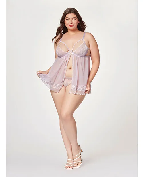 Sheer Mesh & Lace Demi Cup Babydoll & Thong Lavender (Plus Size)