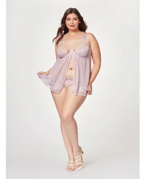 Sheer Mesh & Lace Demi Cup Babydoll & Thong Lavender (Plus Size)