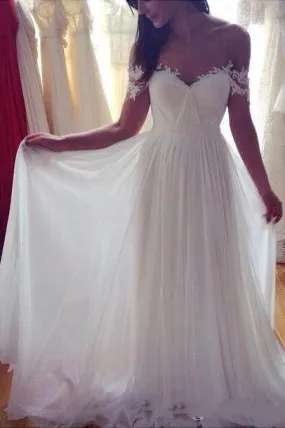 Simple A-Line Off-shoulder Long Appliques Wedding Dress,Ivory Beach Wedding Dress,N231