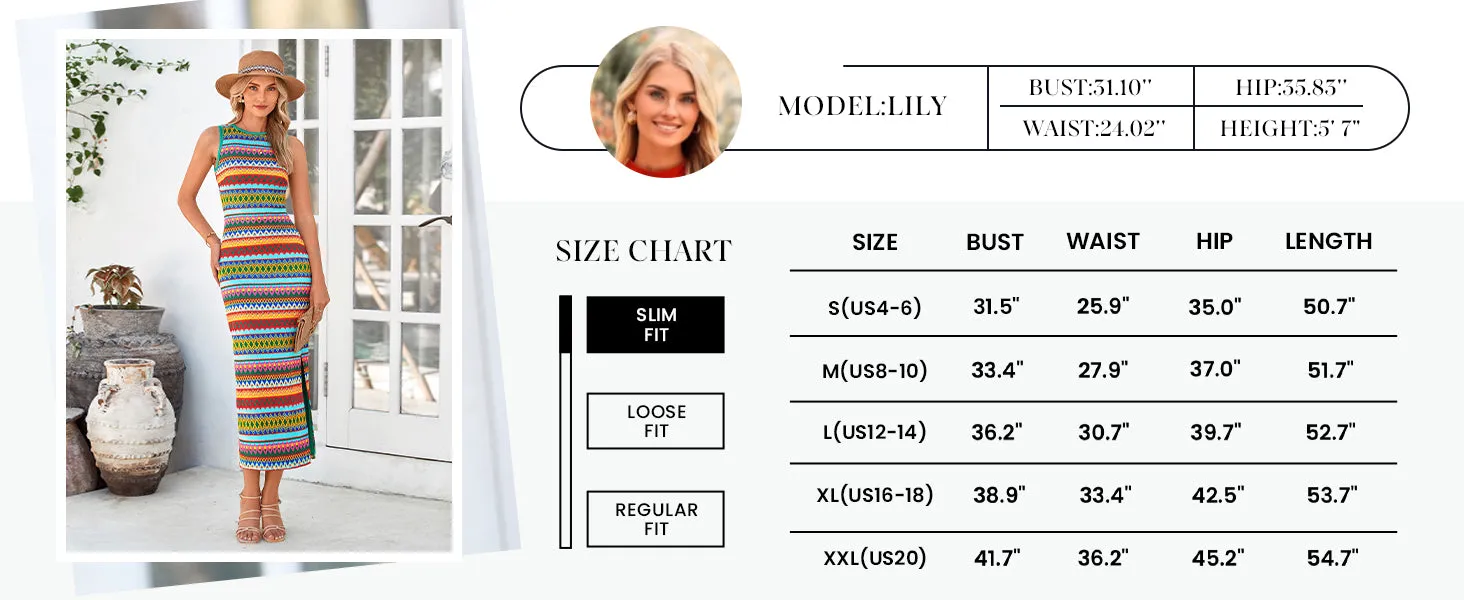 Sleeveless Crew Neck Striped Side Slit Bodycon Casual Maxi Dresses