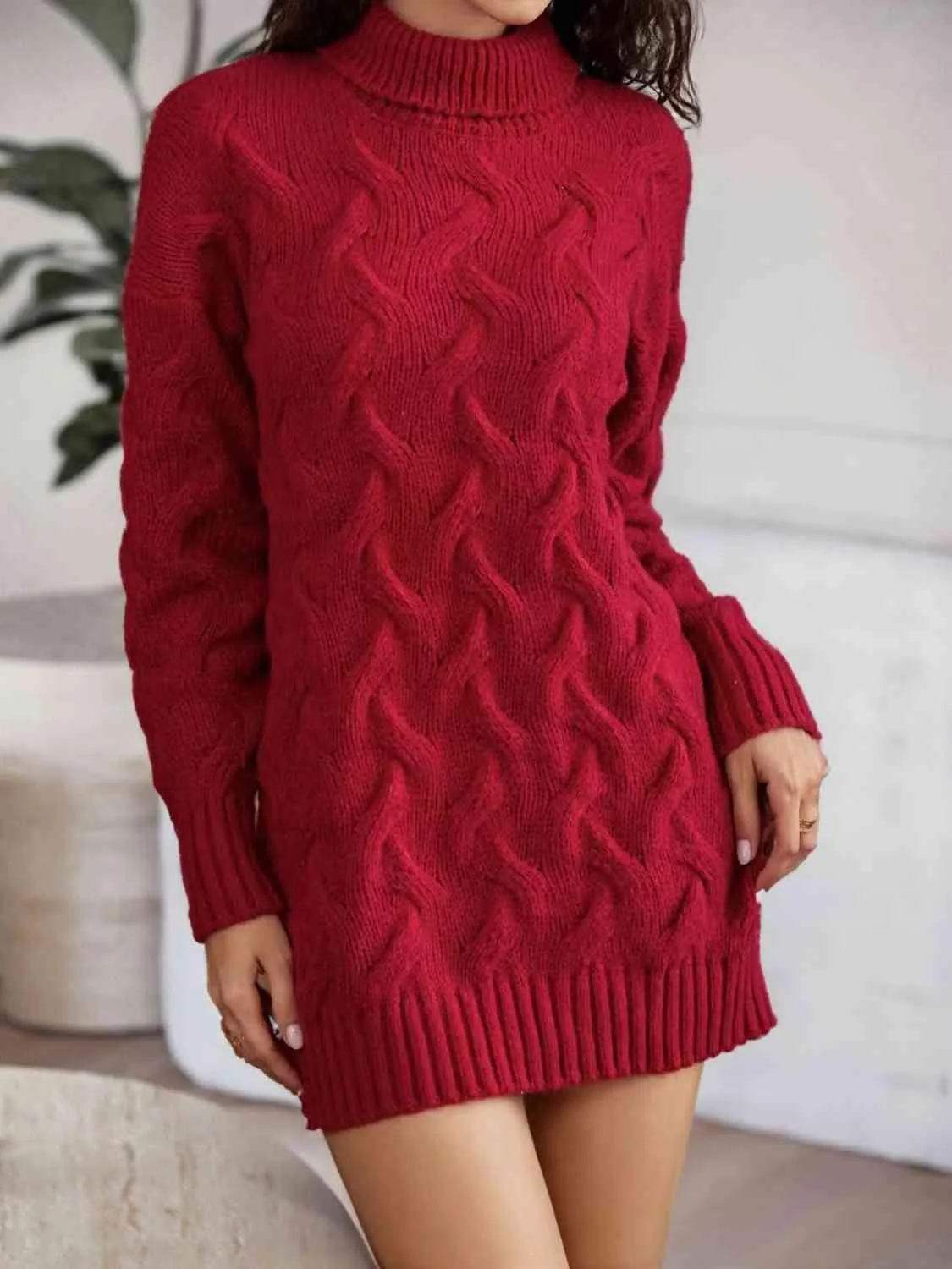 Sleigh The Day Cable Knit Turtleneck Sweater Dress