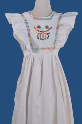 SOLD Vintage 60s Cottagecore Apron Pinafore Maxi Dress, Embroidery & Ruffles S