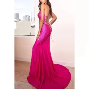 Spaghetti Straps Sleeveless Beaded Satin Mermaid Long Prom Evening Dress