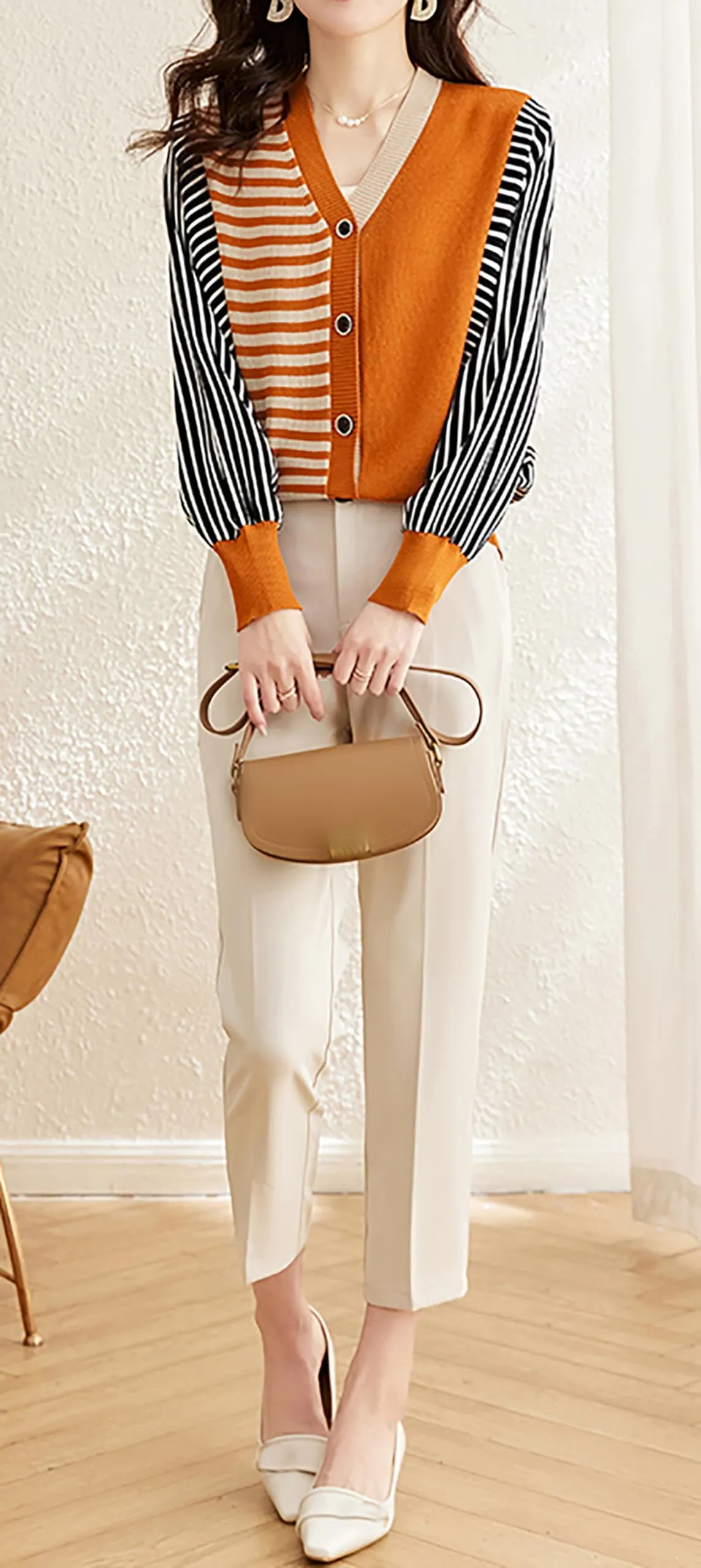 Striped Cardigan Patchwork Button Outerwear