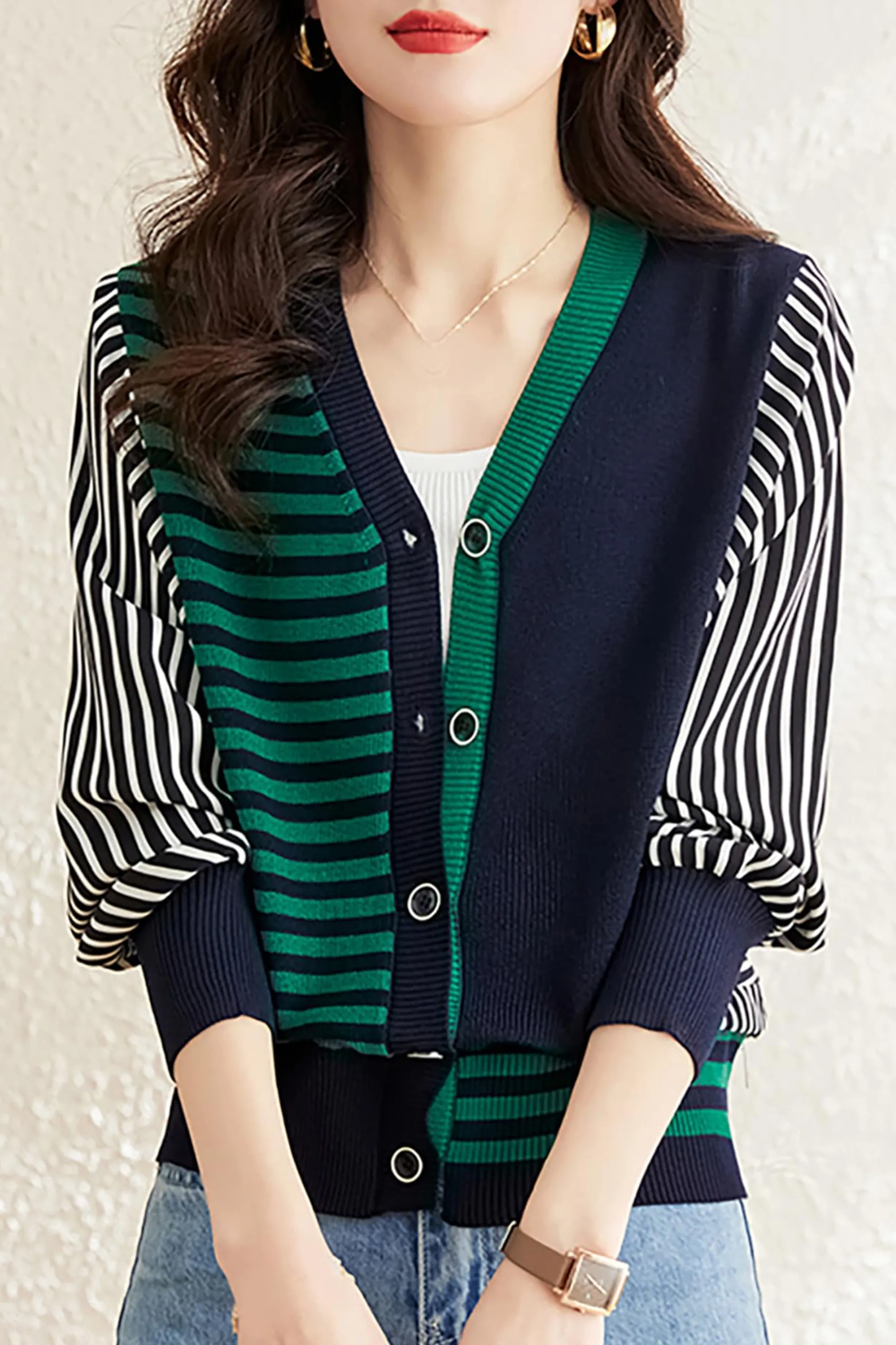 Striped Cardigan Patchwork Button Outerwear