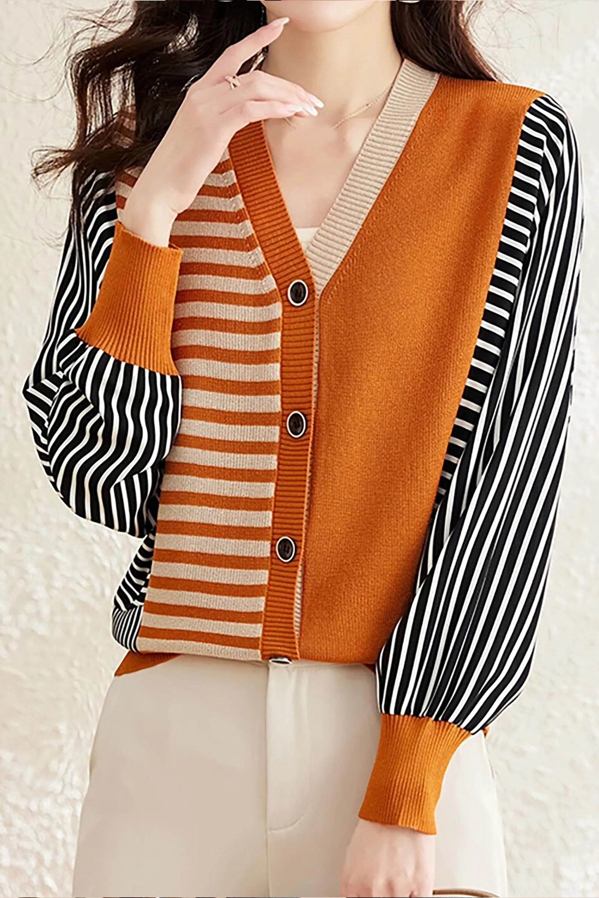 Striped Cardigan Patchwork Button Outerwear