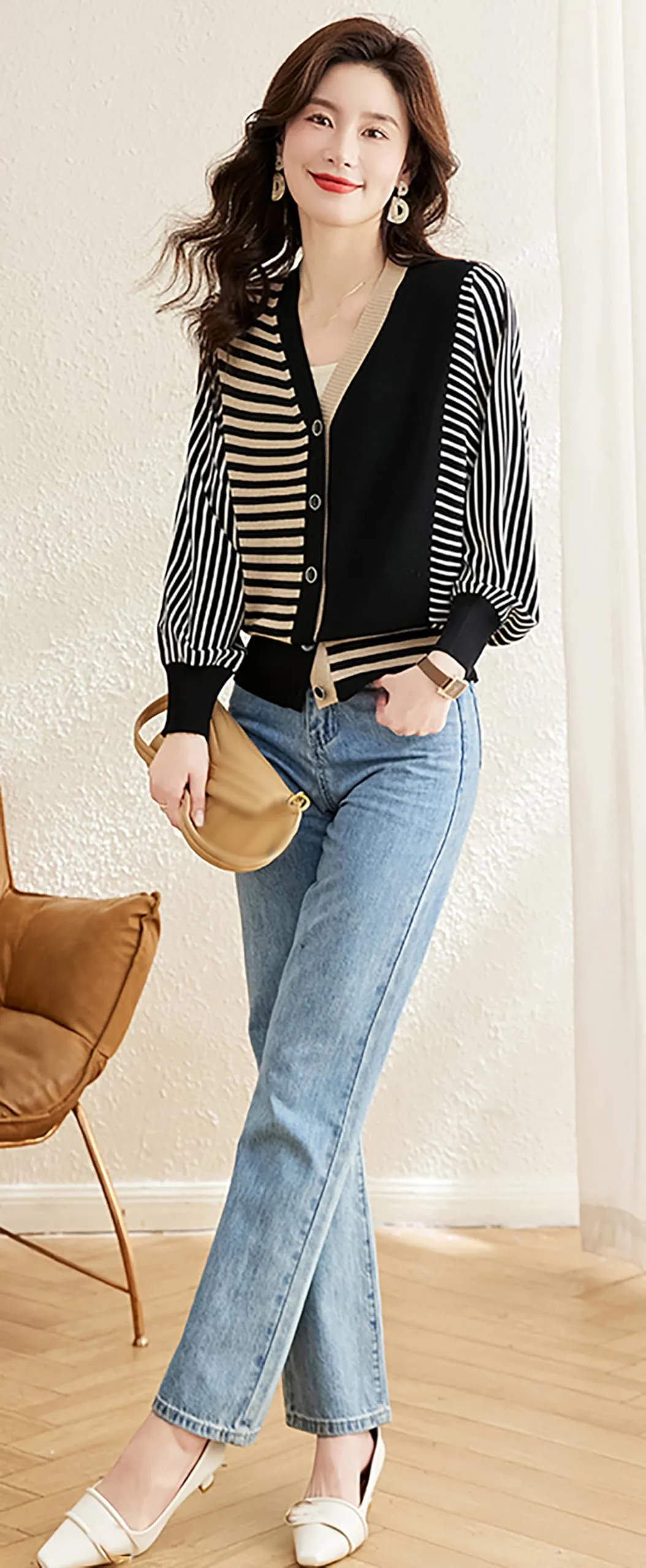 Striped Cardigan Patchwork Button Outerwear