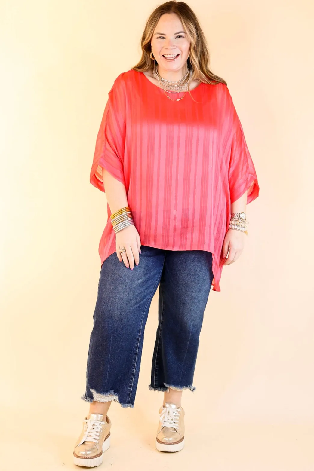 Sunset Horizon Striped Poncho Top with Metallic Detail in Coral Pink