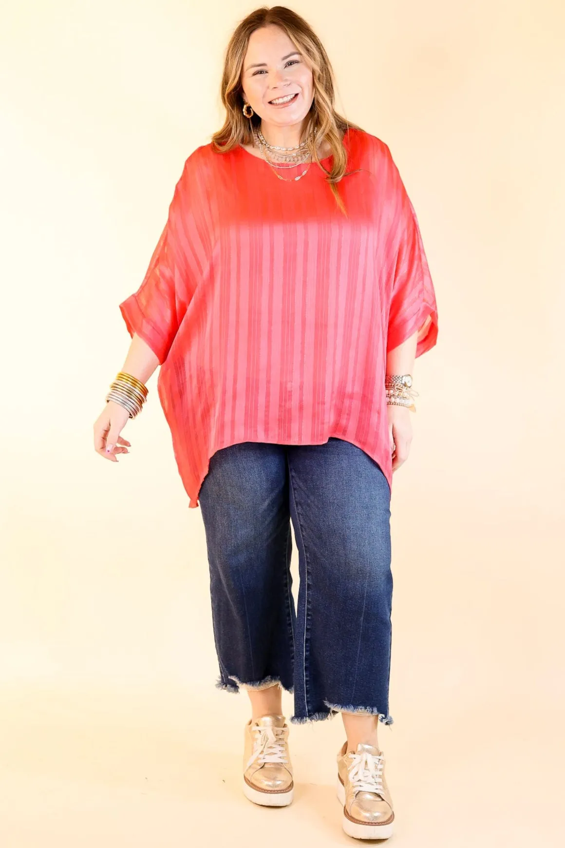 Sunset Horizon Striped Poncho Top with Metallic Detail in Coral Pink