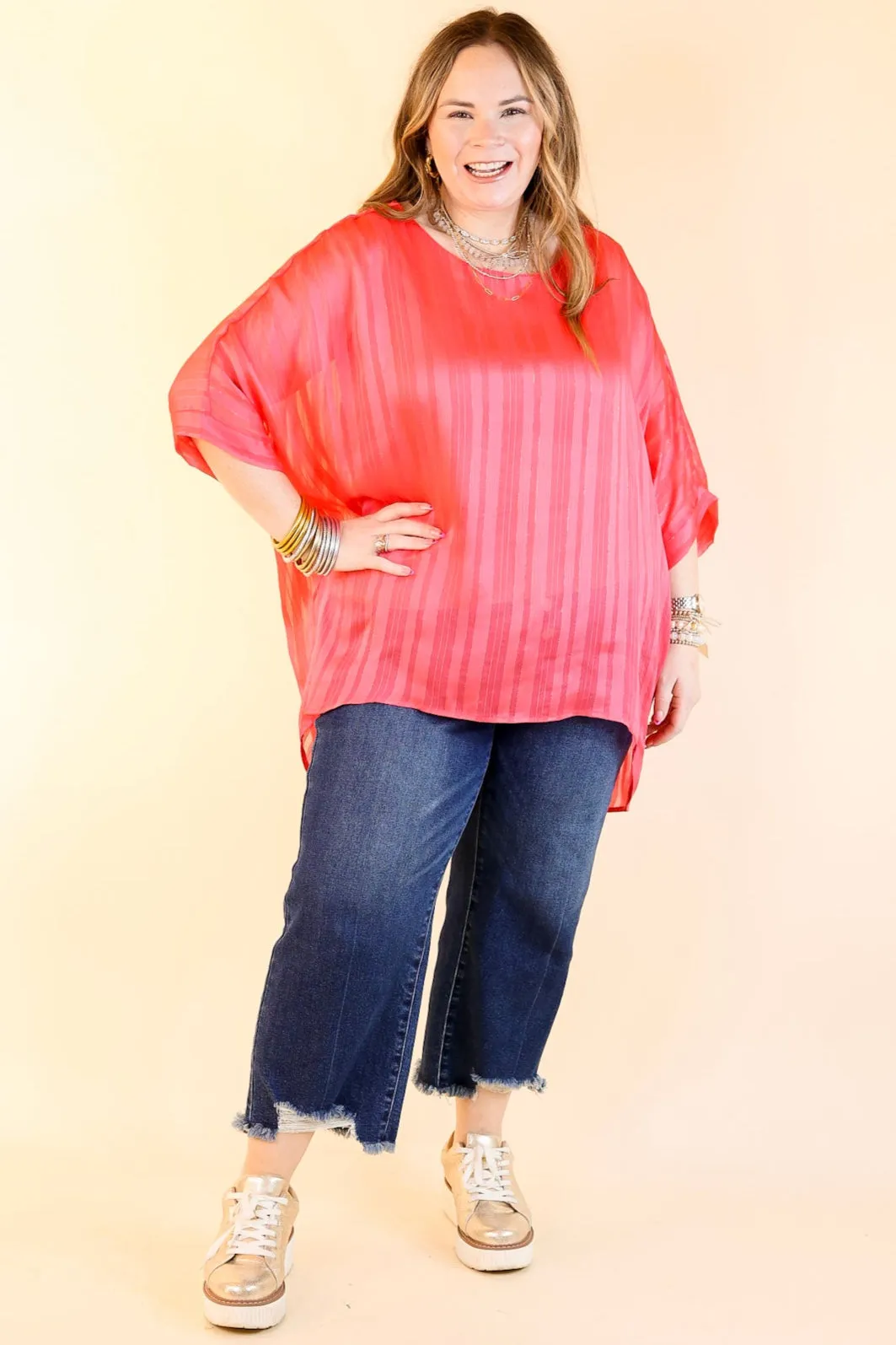 Sunset Horizon Striped Poncho Top with Metallic Detail in Coral Pink