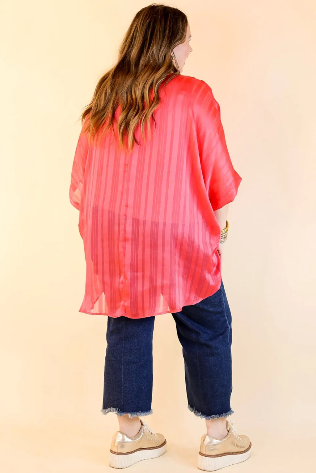 Sunset Horizon Striped Poncho Top with Metallic Detail in Coral Pink