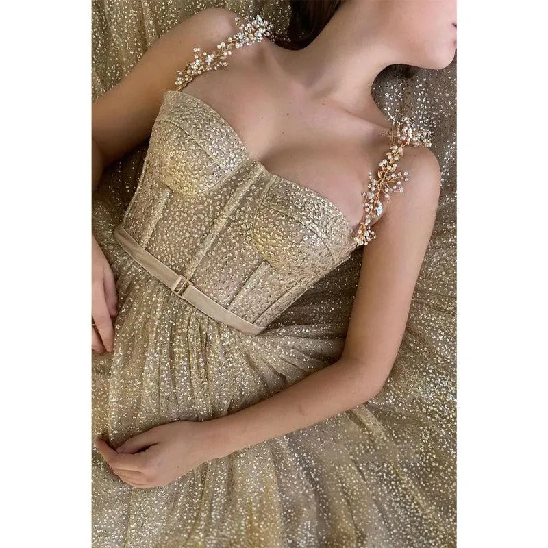 Sweetheart Champagne Sequined Sparkly Prom Dress