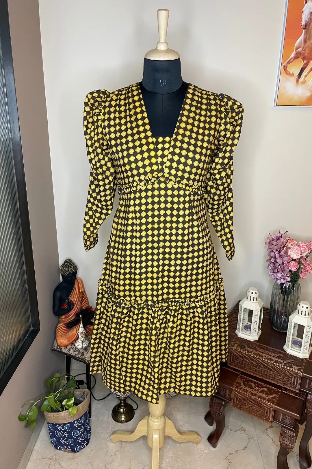Taylor - Yellow and Brown Printed Back Cut Out Dress