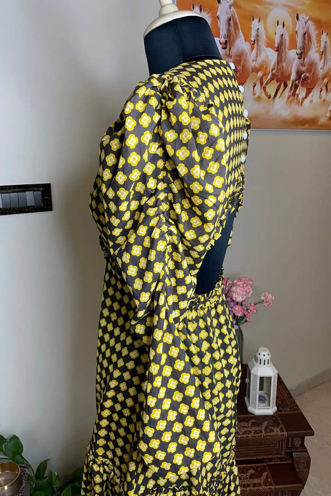 Taylor - Yellow and Brown Printed Back Cut Out Dress