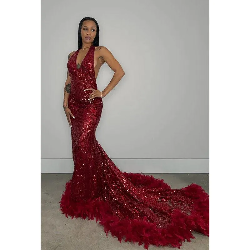 V-Neck Halter Backless Sequins Sheer Tulle Feather Mermaid Long Prom Dress