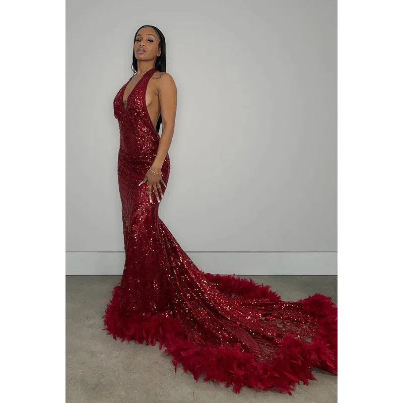 V-Neck Halter Backless Sequins Sheer Tulle Feather Mermaid Long Prom Dress