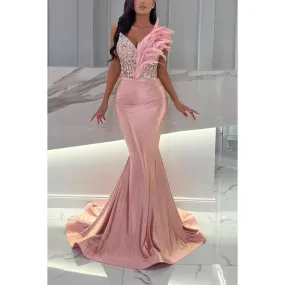 V-Neck Strapless Beaded Feather Satin Mermaid Long Evening Dress
