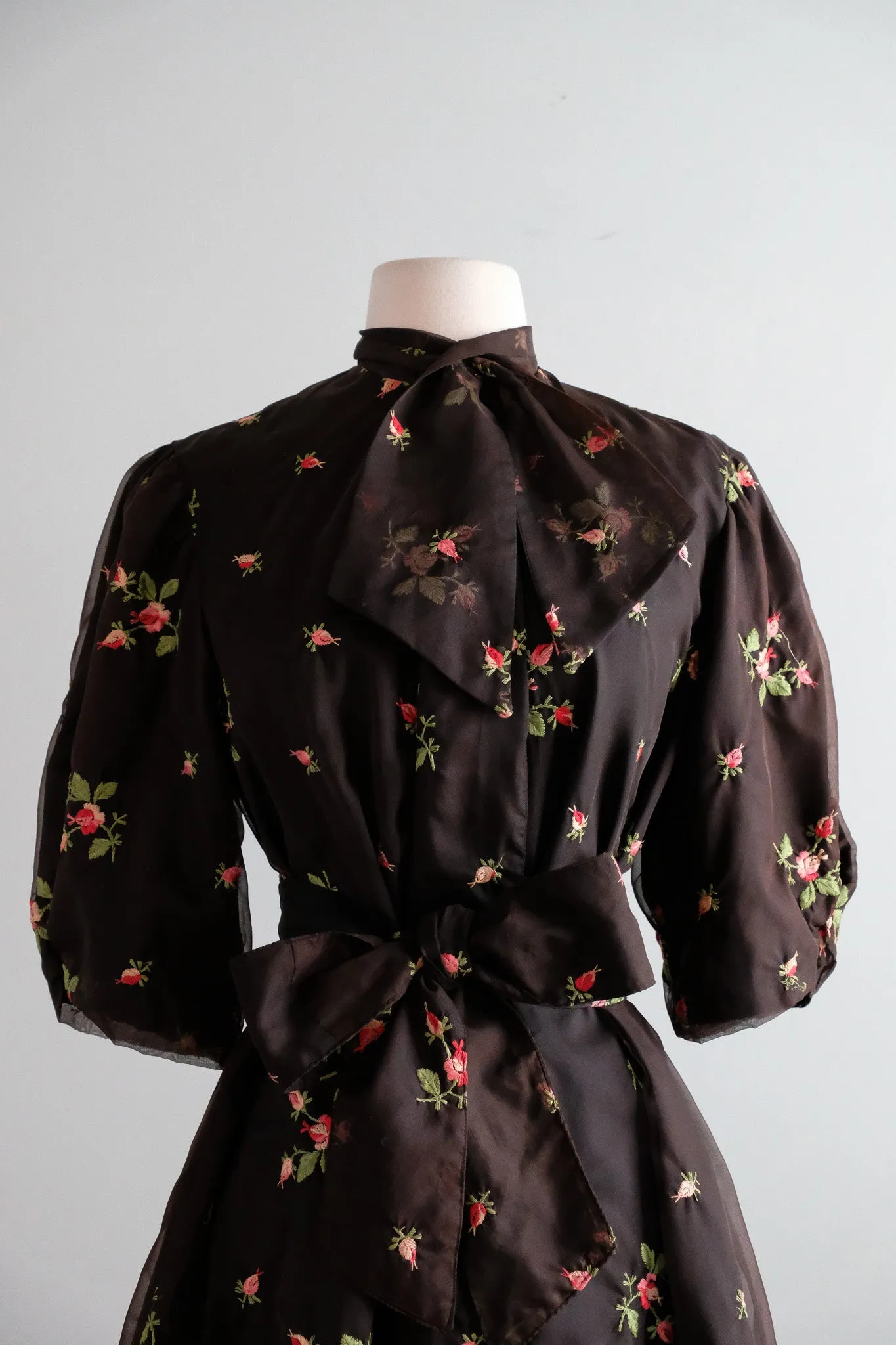 Vintage 1950's Chocolate Chiffon Rose Bud Babydoll Wrap Dress by Diana Dean / M