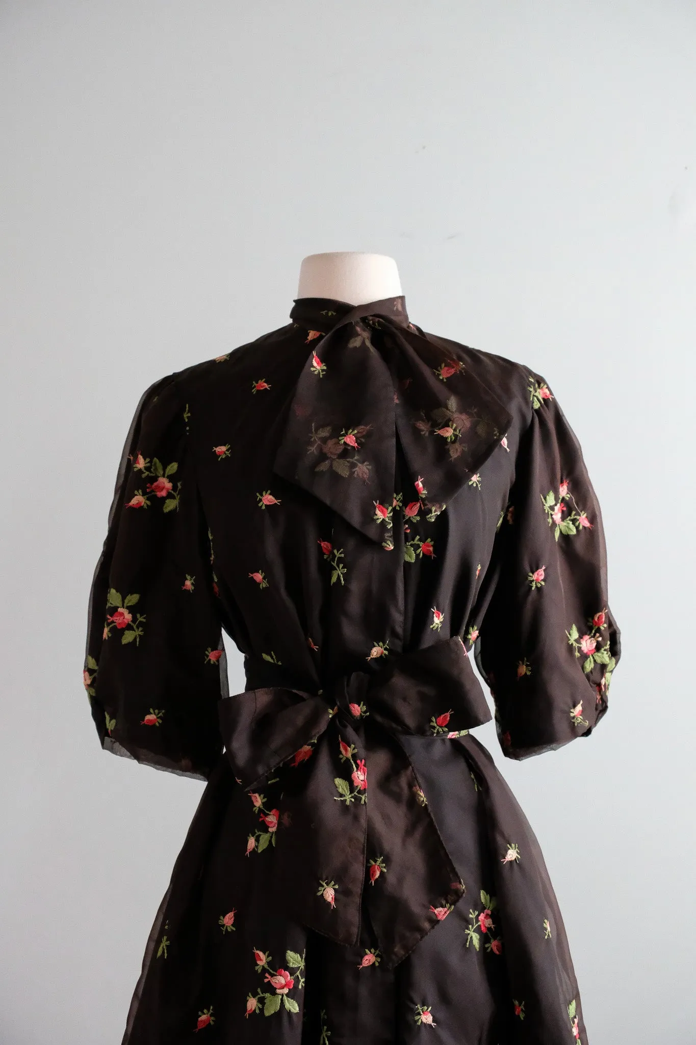 Vintage 1950's Chocolate Chiffon Rose Bud Babydoll Wrap Dress by Diana Dean / M