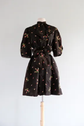 Vintage 1950's Chocolate Chiffon Rose Bud Babydoll Wrap Dress by Diana Dean / M