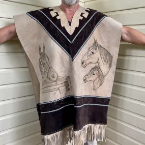 Vintage 1980's Handmade Mexican Suede Poncho Brown Beige Horses Western One Size - OOAK