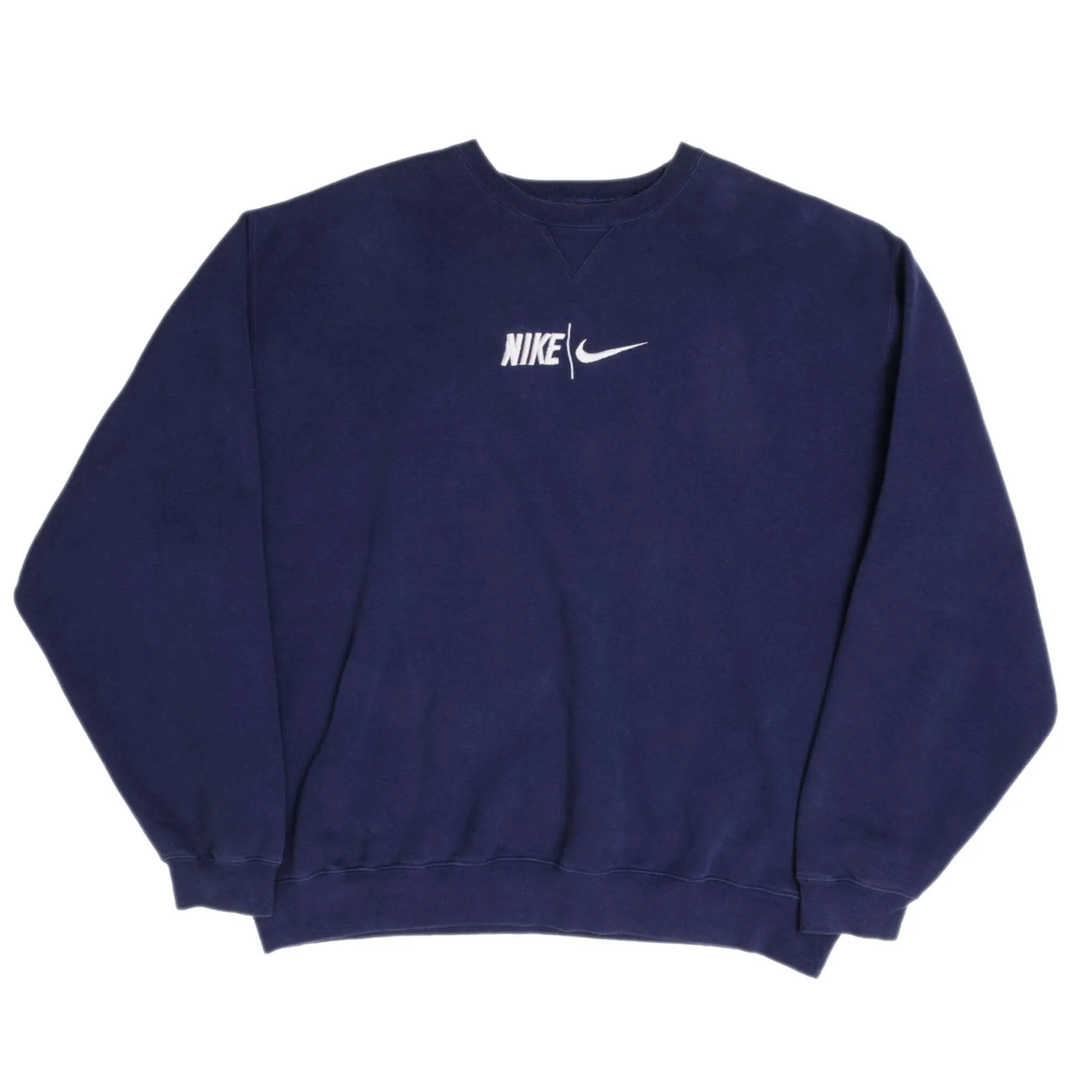 VINTAGE NIKE SPELLOUT SWOOSH NAVY BLUE SWEATSHIRT 1990S SIZE 2XL