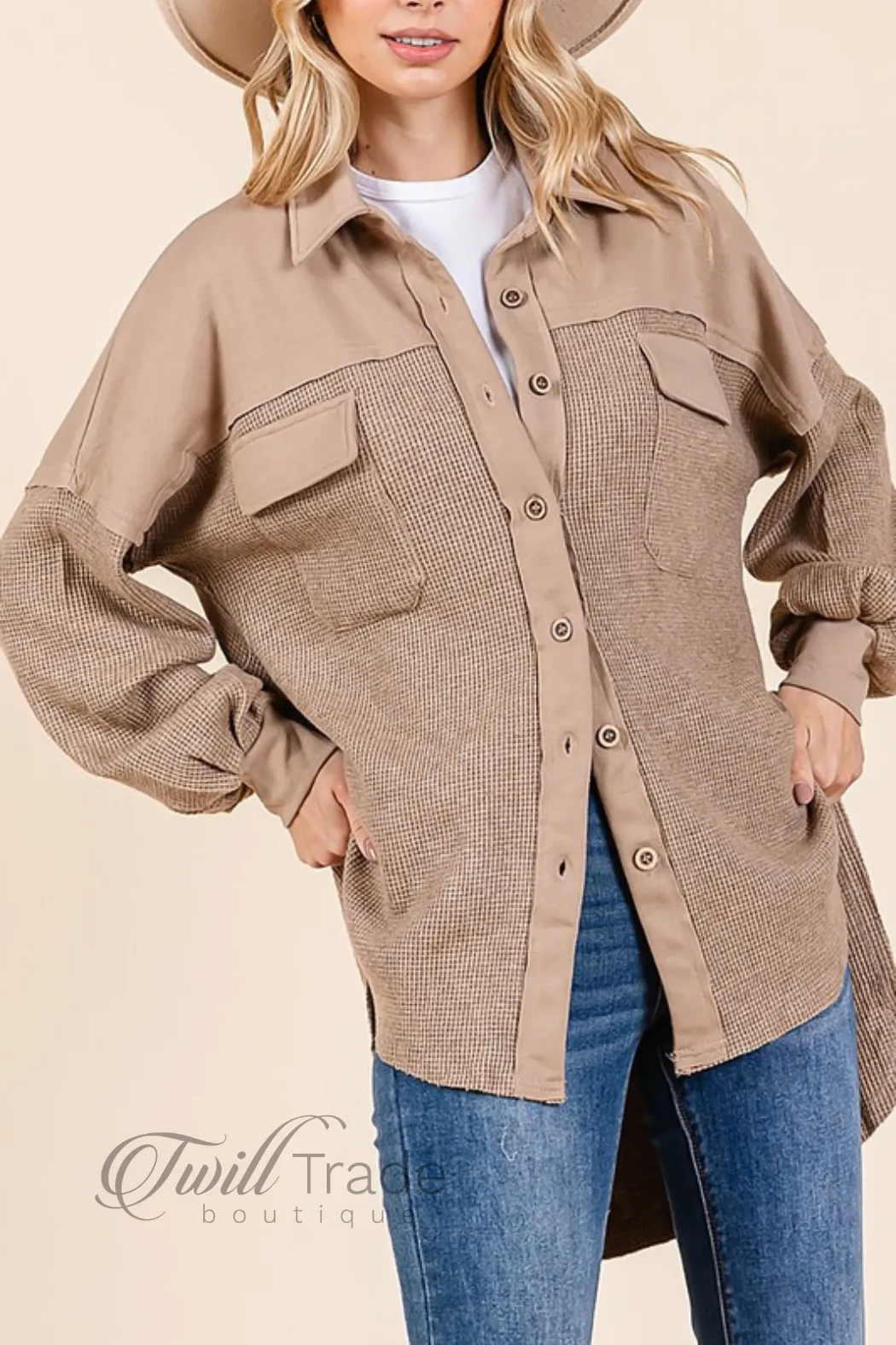 Waffle Knit Contrast Shacket