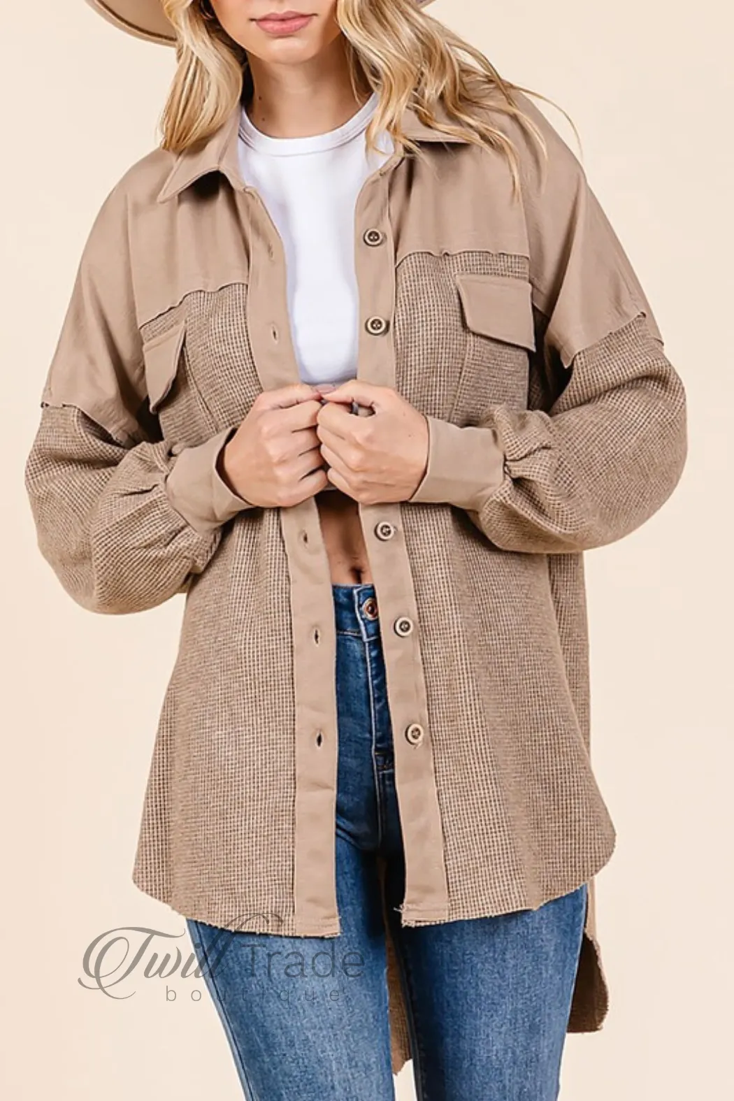 Waffle Knit Contrast Shacket