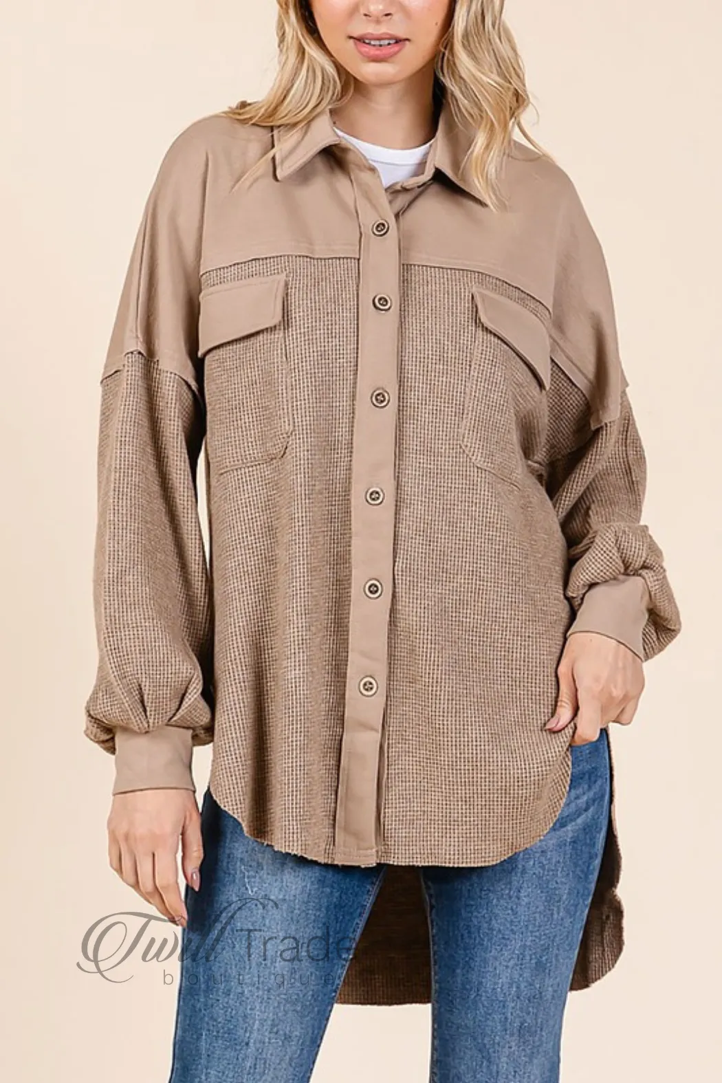 Waffle Knit Contrast Shacket