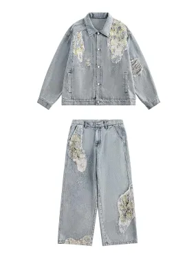 Washed Ripped Lace Spliced Denim Set