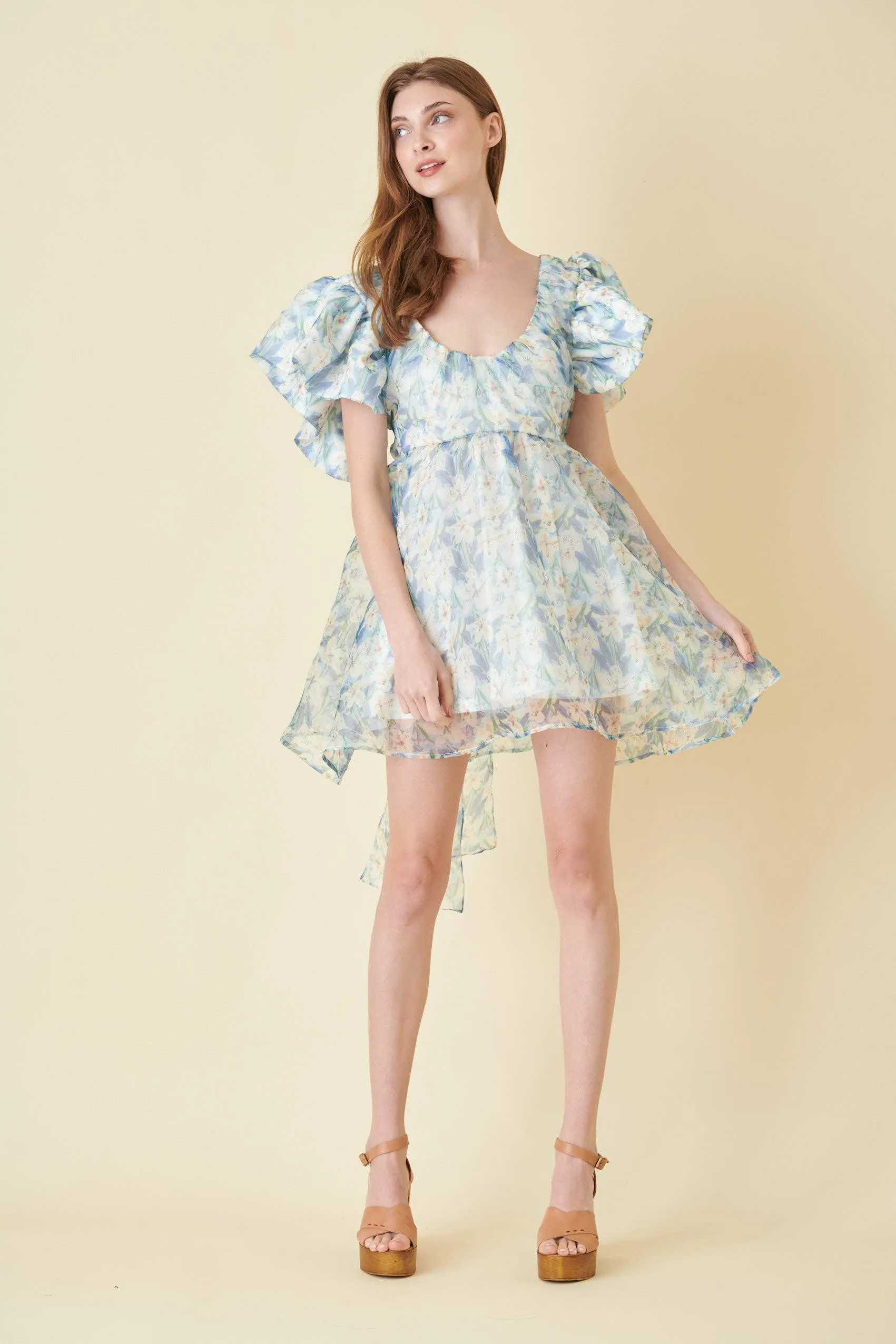 Watercolor Organza Bow Tie Mini Dress