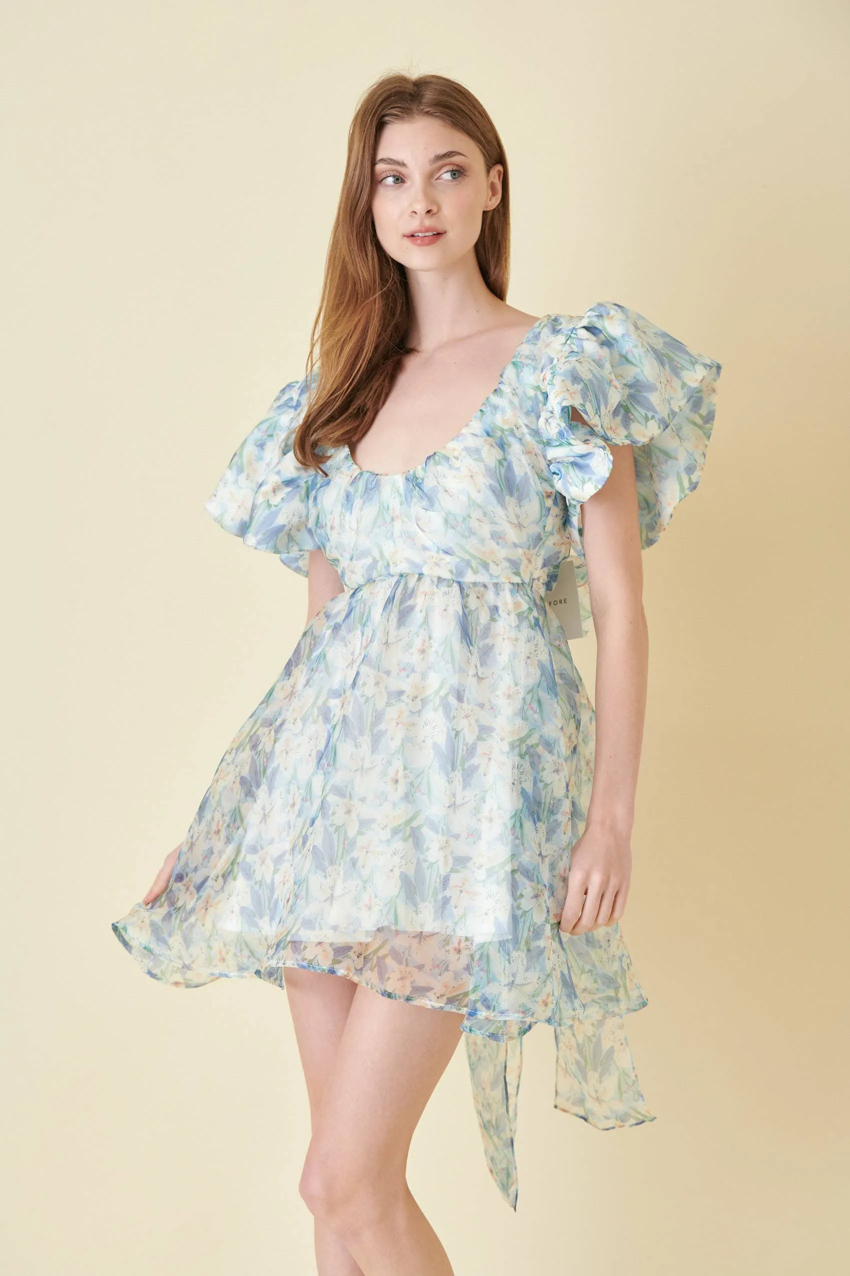 Watercolor Organza Bow Tie Mini Dress