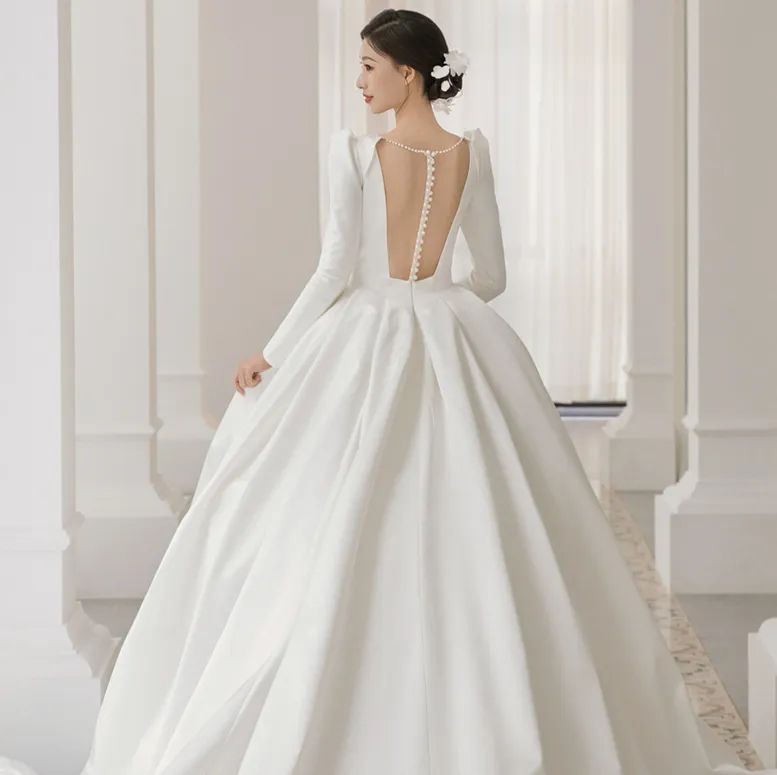 wedding dress evening dress for dinner French satin sexy back wedding dress 2022 new bride wedding long sleeve out gauze white dress spring drag