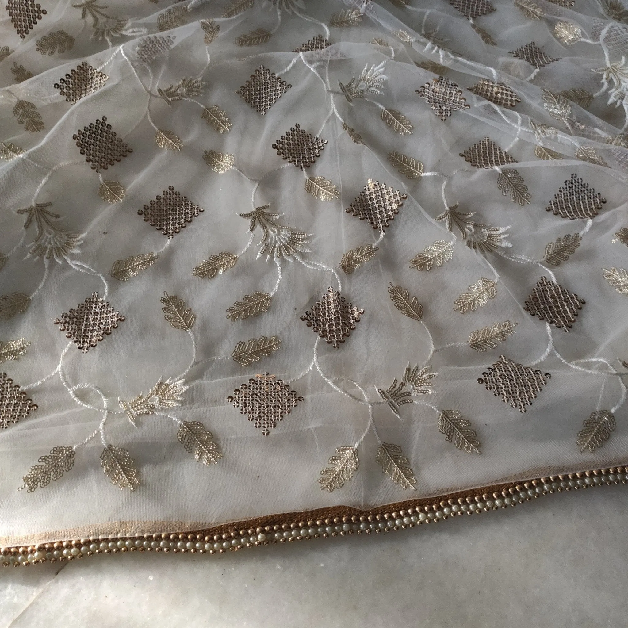 White Indian Dupatta party wear beaded border | Long net scarf | Punjabi dress dupatta with sequin embroidery for lehenga