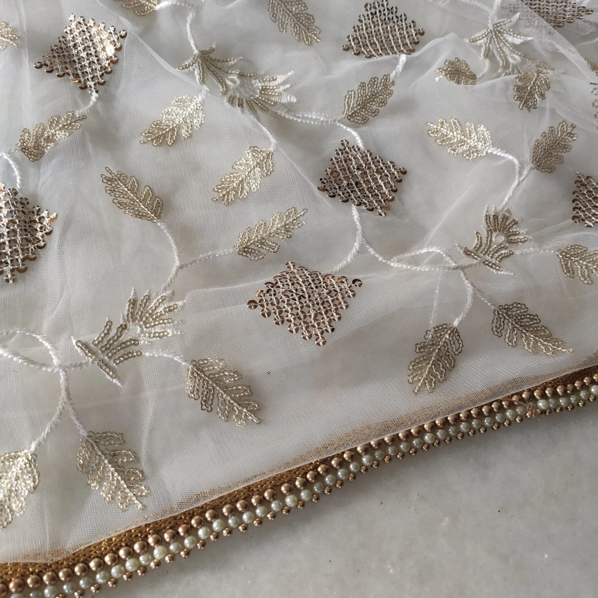 White Indian Dupatta party wear beaded border | Long net scarf | Punjabi dress dupatta with sequin embroidery for lehenga