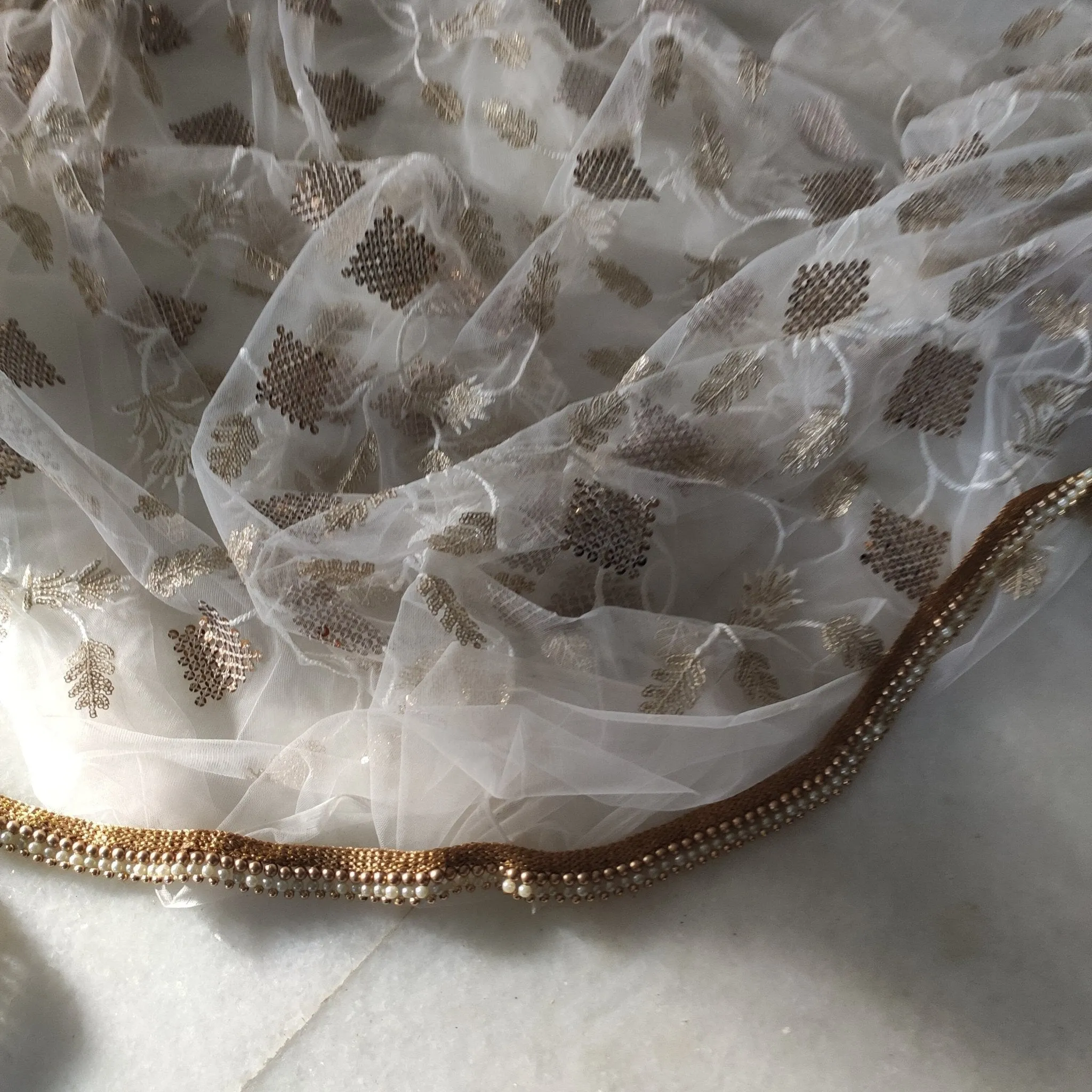 White Indian Dupatta party wear beaded border | Long net scarf | Punjabi dress dupatta with sequin embroidery for lehenga