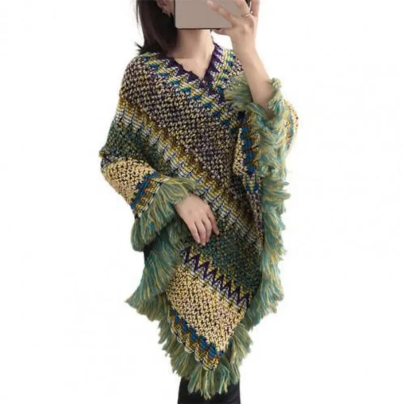 Women Bohemian Thick Knitted Shawl Poncho