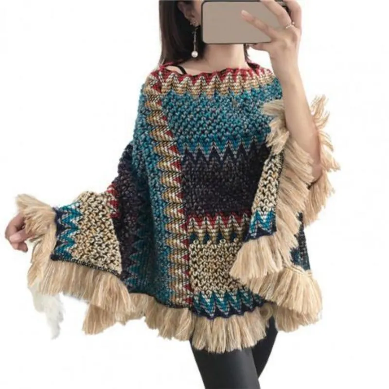 Women Bohemian Thick Knitted Shawl Poncho