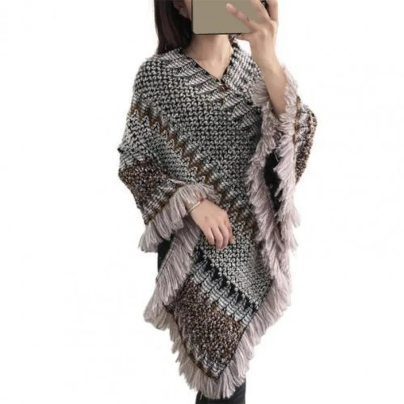 Women Bohemian Thick Knitted Shawl Poncho