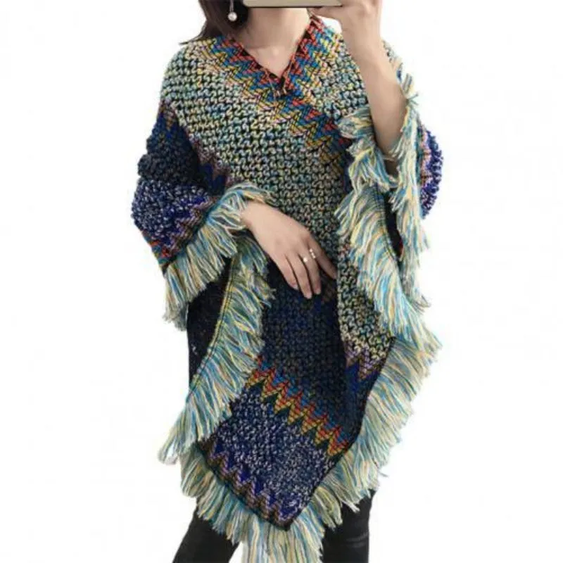 Women Bohemian Thick Knitted Shawl Poncho
