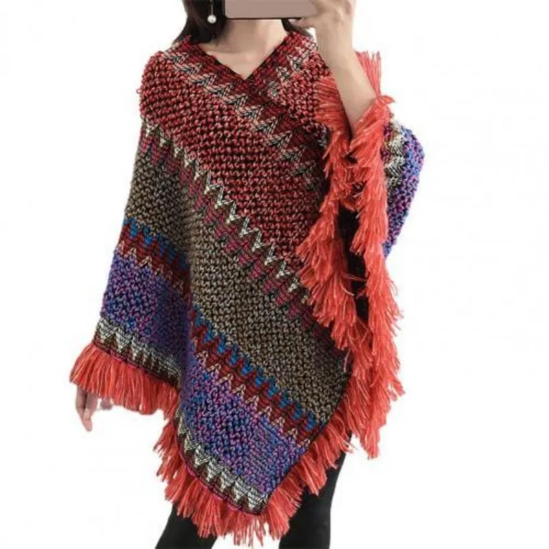 Women Bohemian Thick Knitted Shawl Poncho