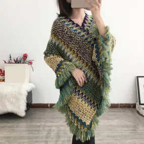 Women Bohemian Thick Knitted Shawl Poncho