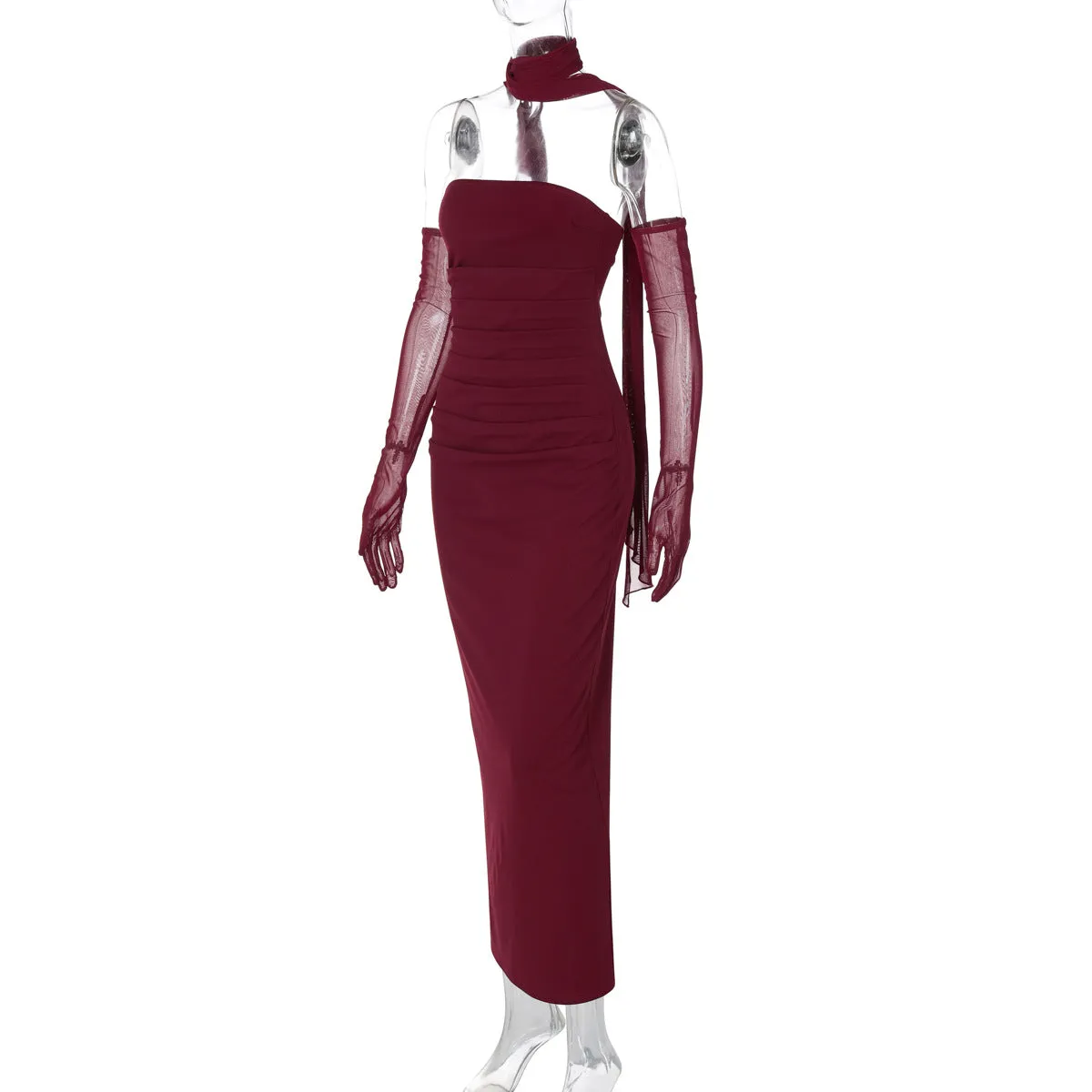 Women Sexy Tube Top Mesh Oversleeve Formal Dress